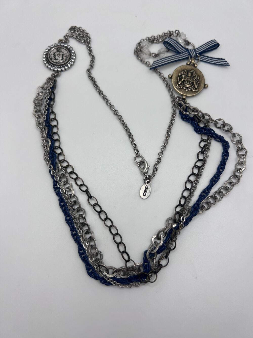 AEO Navy & Silvertone Multichain Side Pendants Ribbon Accent Statement Necklace